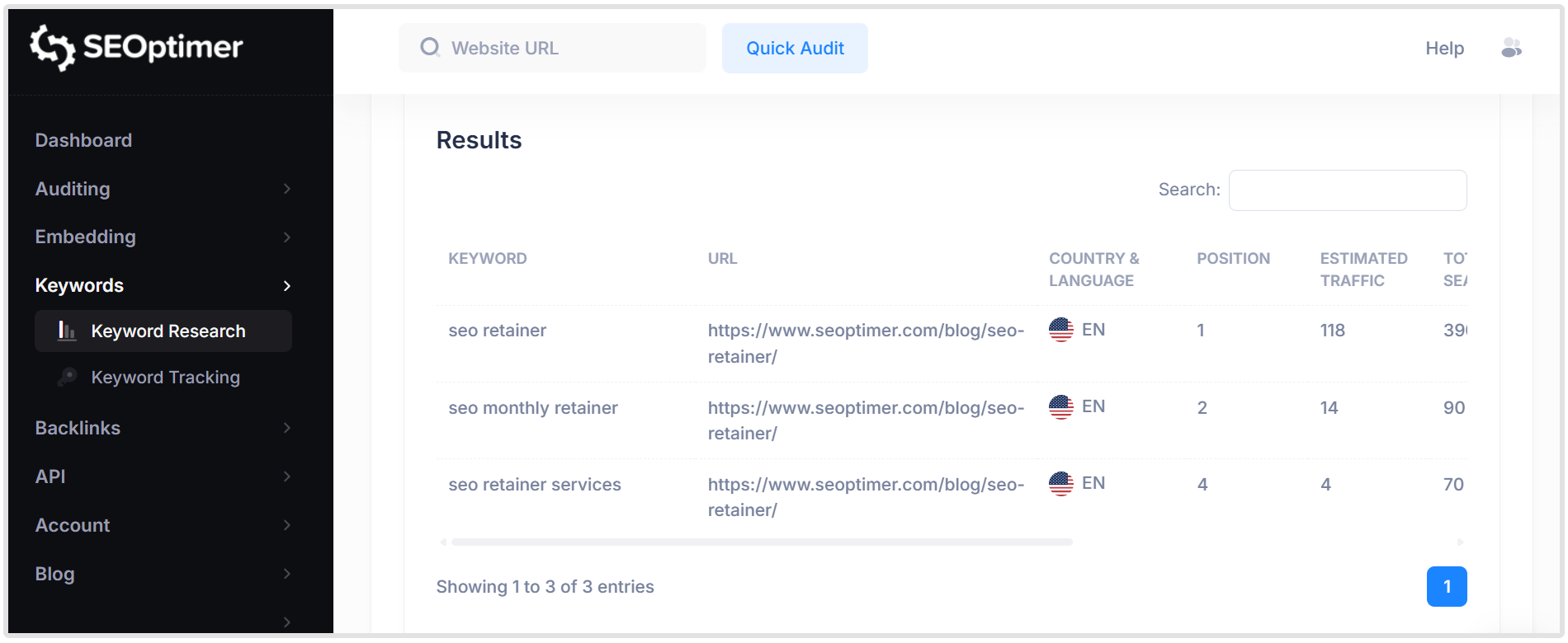 Investigación de palabras clave por dominio de SEOptimer